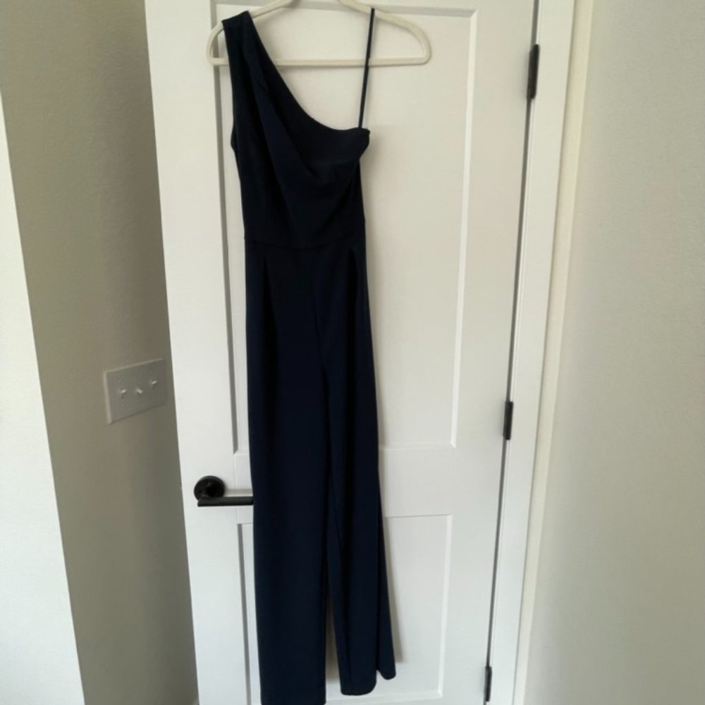 Carlos One Shoulder Tie Waist Sleeveless Wide Leg Jumpsuit, Navy, 0